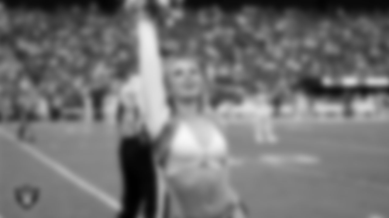 Raiderette Lilah performs on the sidelines during the regular season home game against the Houston Texans at Allegiant Stadium.