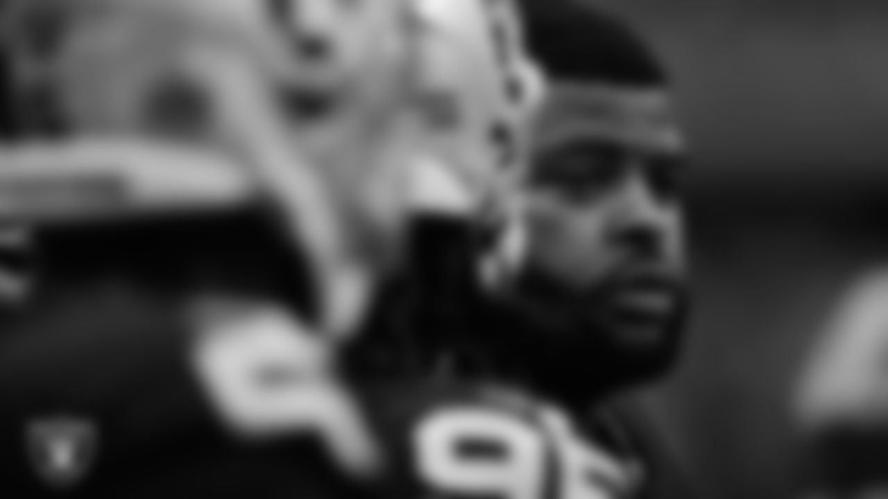 Las Vegas Raiders defensive tackle Johnathan Hankins (90) on the sidelines during the regular season home game against the Denver Broncos at Allegiant Stadium.