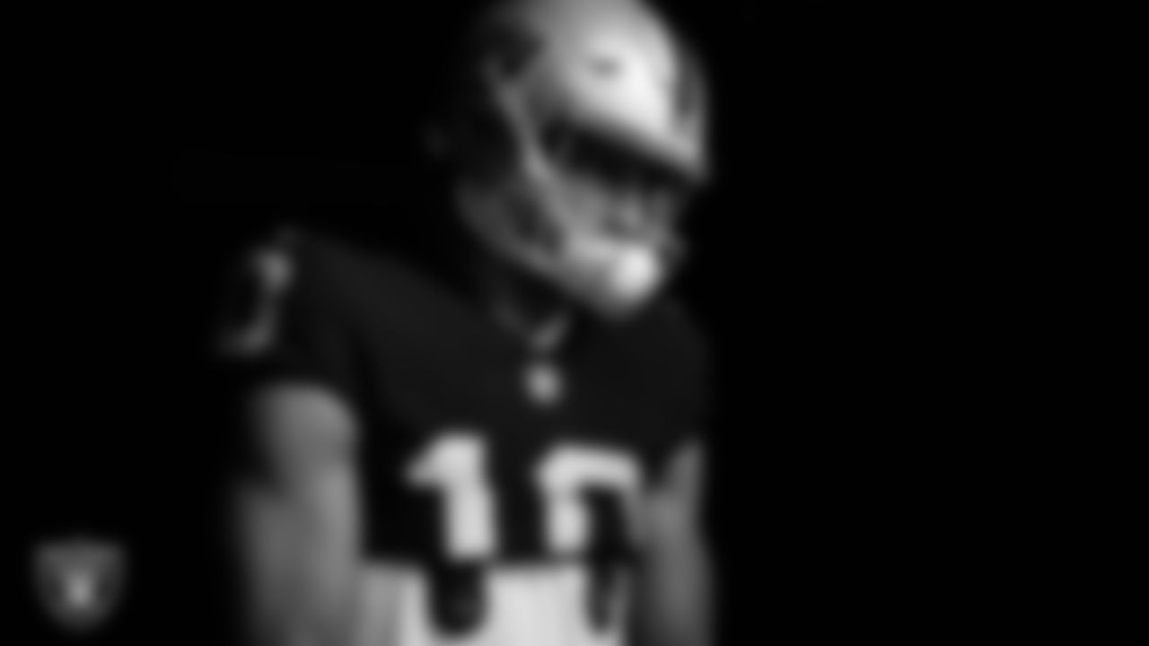 Las Vegas Raiders wide receiver Mack Hollins (10) walks down the tunnel before the regular season home game against the Denver Broncos at Allegiant Stadium.