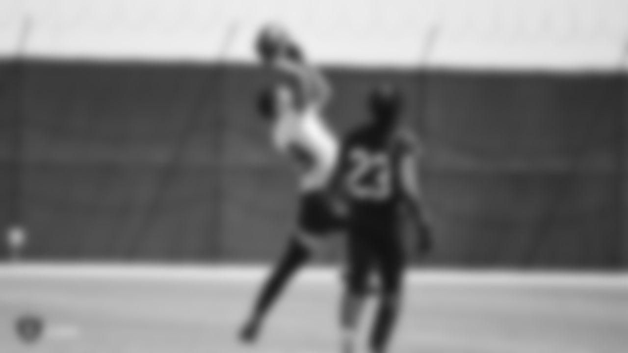 Raiders wide receiver Keelan Doss (89) and cornerback Nick Nelson (23) at a Mandatory Minicamp at the Raiders Practice Facility in Alameda, Calif.