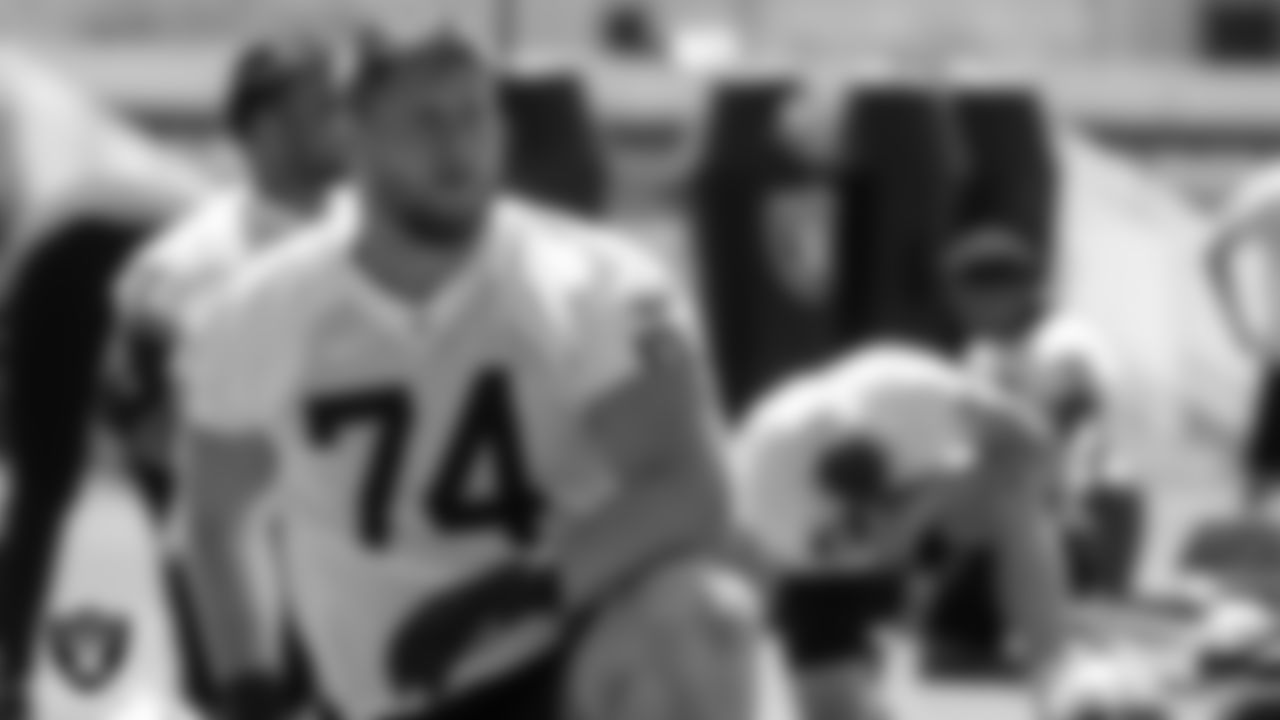 Las Vegas Raiders tackle Kolton Miller (74) at an Organized Team Activity (OTA).