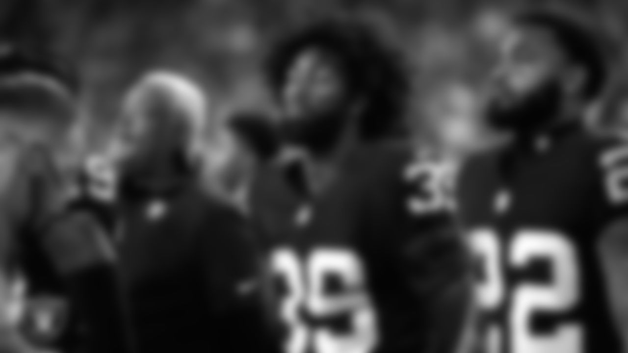 Las Vegas Raiders cornerback Nate Hobbs (39) during the national anthem before the regular season home game against the Kansas City Chiefs.