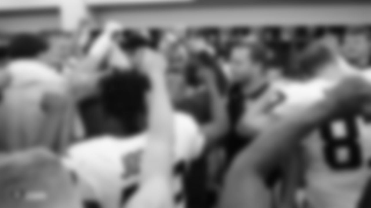 The Raiders huddle up in the locker room after the Raiders regular season game against the Indianapolis Colts.