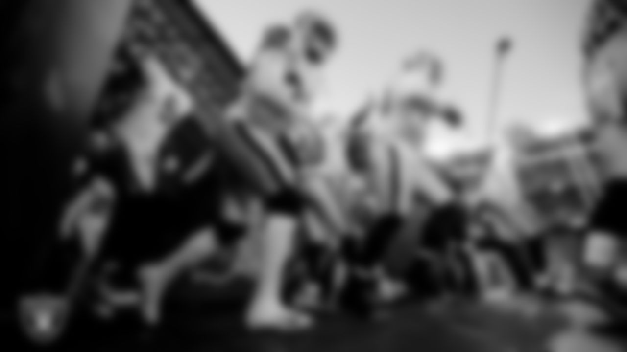 The Las Vegas Raiders are introduced onto the field before their regular season away game against the Cleveland Browns.