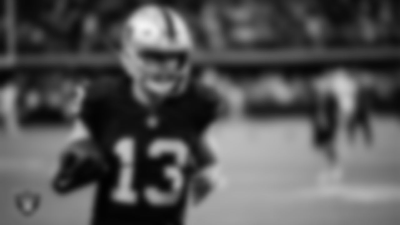 Las Vegas Raiders wide receiver Hunter Renfrow (13) warming up before the regular season home game against the Green Bay Packers at Allegiant Stadium.