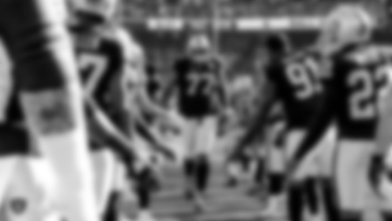Raiders tackle Trent Brown (77) is introduced onto the field before the regular season game against the Cincinnati Bengals.