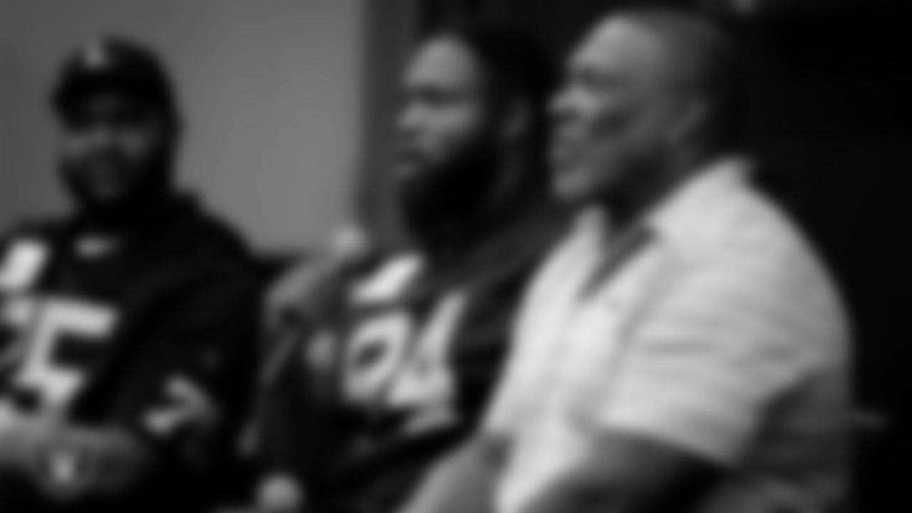 Las Vegas Raiders defensive tackle Matthew Butler (94) speaks to athletes during the ELITE Academy at the Las Vegas Raiders Headquarters.