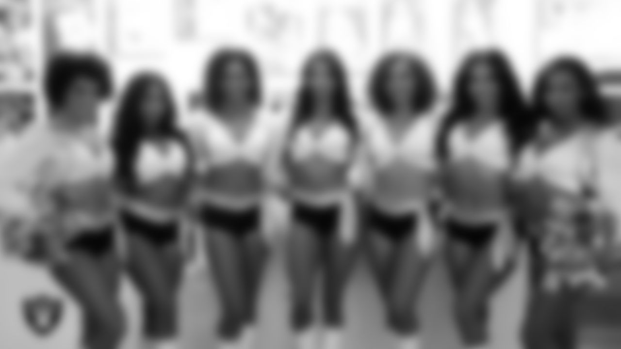Raiderettes Vicky, Danielle, Shayla, Monet, Makenna P., Cierra and Jekailah in the locker room before the regular season home game against the Los Angeles Chargers at Allegiant Stadium.