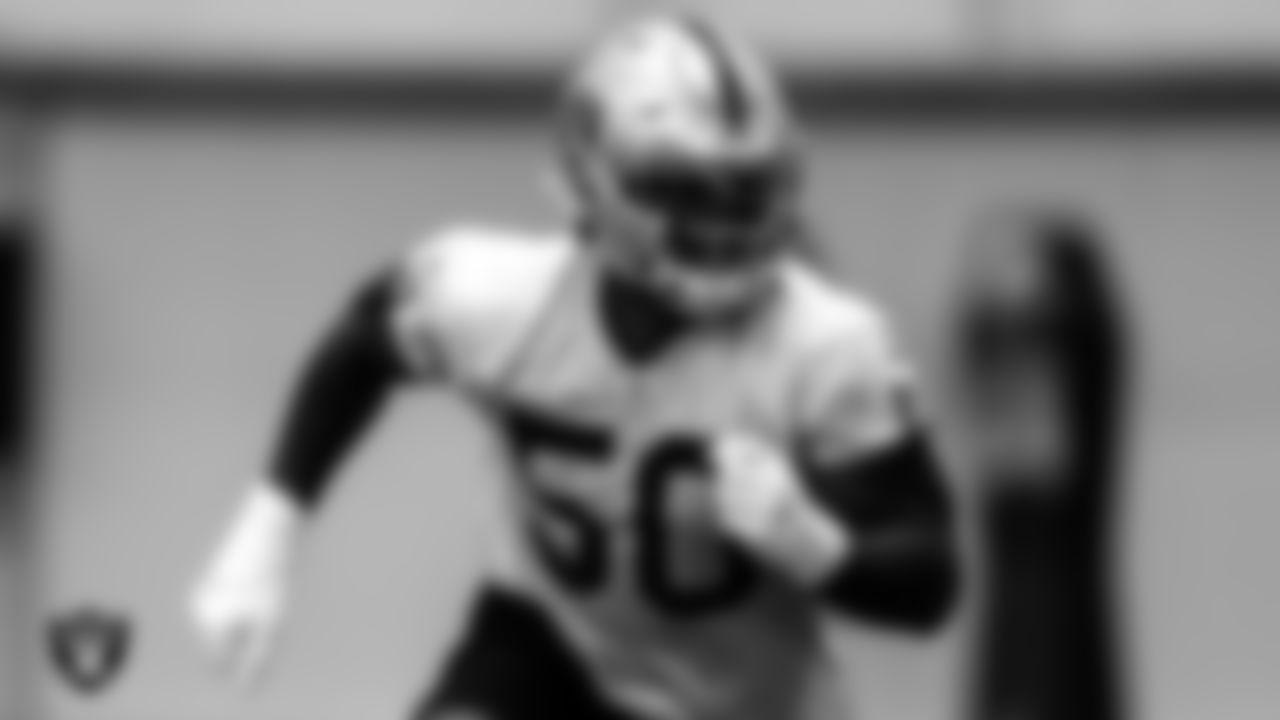 Las Vegas Raiders linebacker Nicholas Morrow (50) during practice.
