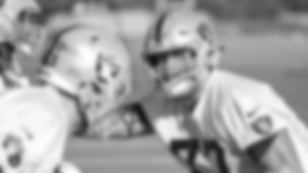 Oakland Raiders tackle Kolton Miller (77) on the field for practice at the Oakland Raiders Practice Facility, Thursday, December 13, 2018, in Alameda, California.