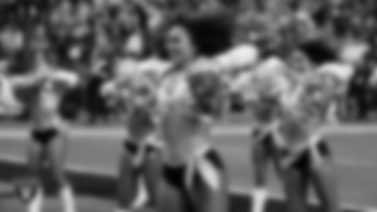 Raiderette Makenna P. performs on the field during the regular season home game against the Los Angeles Chargers at Allegiant Stadium.