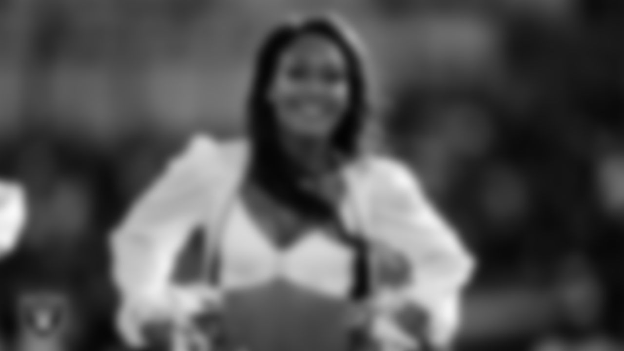 Raiderette Vanecia performs at the Raiders game against the Los Angeles Rams.