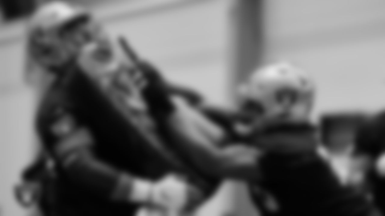 Las Vegas Raiders offensive lineman Hroniss Grasu (65) and guard John Simpson (76) during practice at Intermountain Healthcare Performance Center.