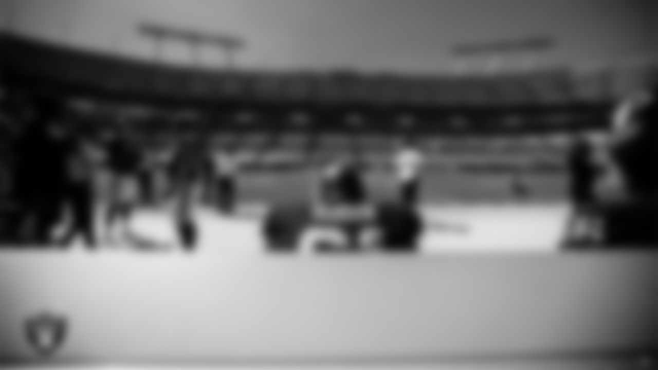 Las Vegas Raiders center Rodney Hudson (61) on the bench before the regular season away game against the Carolina Panthers.