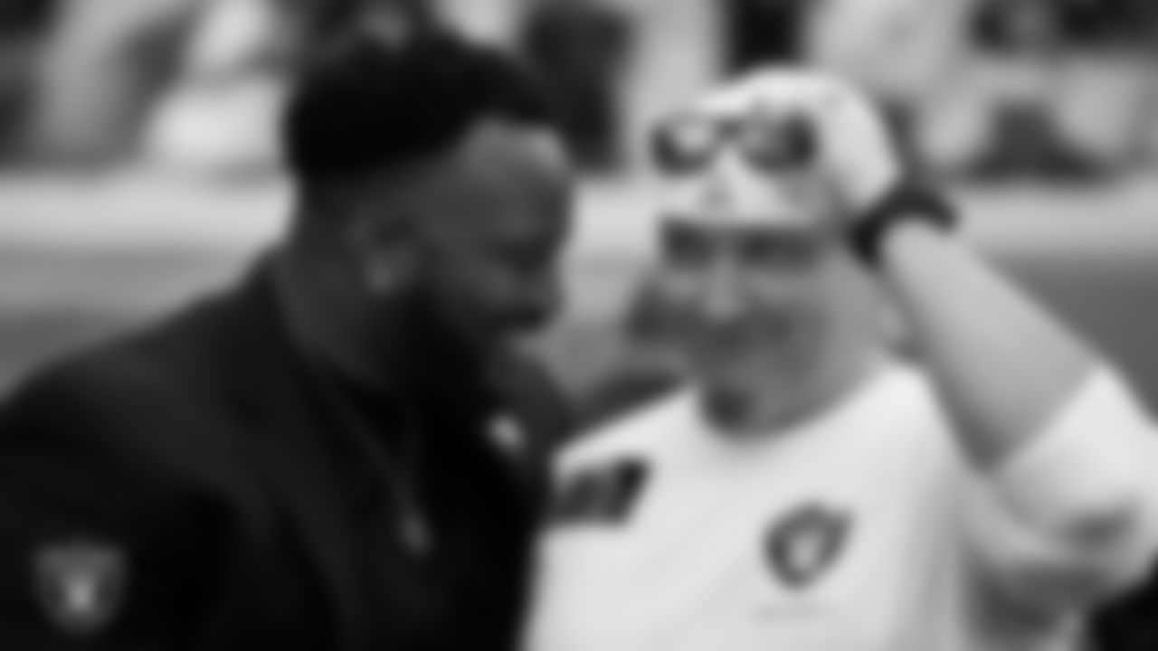 Las Vegas Raiders Senior Vice President and Chief Strategy Officer Marcel Reece and alumnus Sebastian Janikowski before the regular season away game against the Jacksonville Jaguars at TIAA Bank Field.