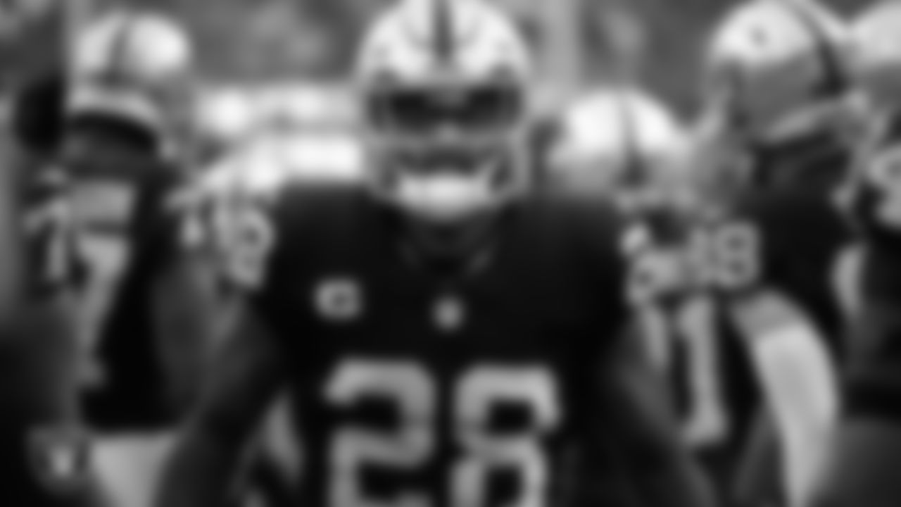 Las Vegas Raiders running back Josh Jacobs (28) is introduced onto the field before the regular season home game against the Baltimore Ravens.