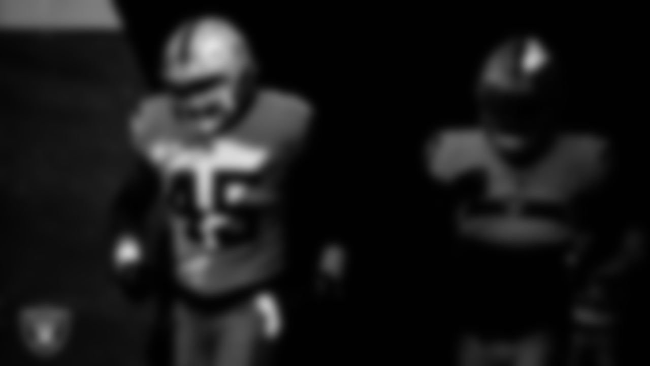 Las Vegas Raiders fullback Jakob Johnson (45) walks down the tunnel before the regular season away game against the Chicago Bears at Soldier Field.