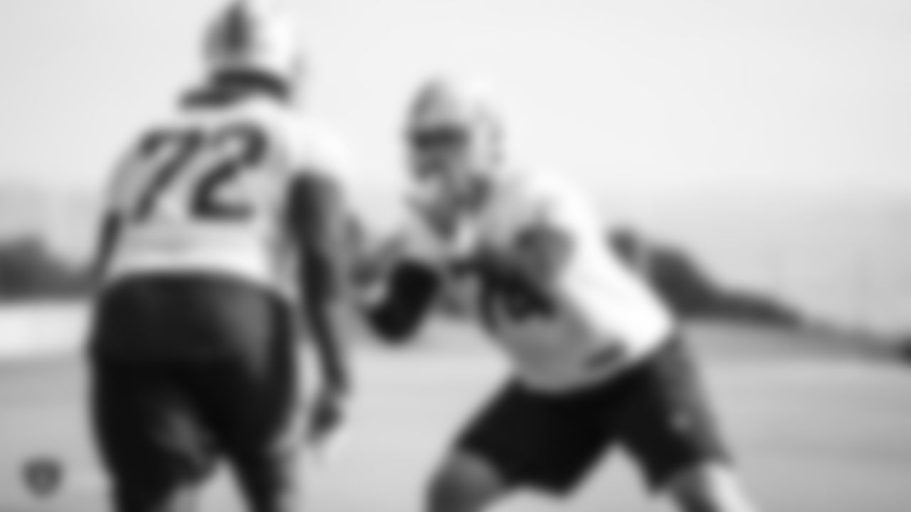 Raiders tackle David Sharpe (72) and tackle Kolton Miller (74) practice go through offensive drills during practice at the Raiders Practice Facility.