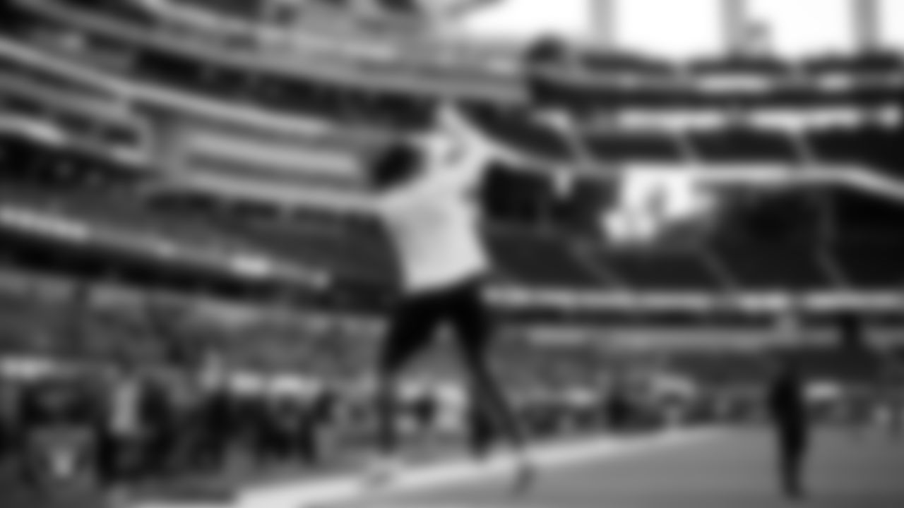Las Vegas Raiders wide receiver Davante Adams (17) warming up before the regular season away game against the Los Angeles Rams at SoFi Stadium.