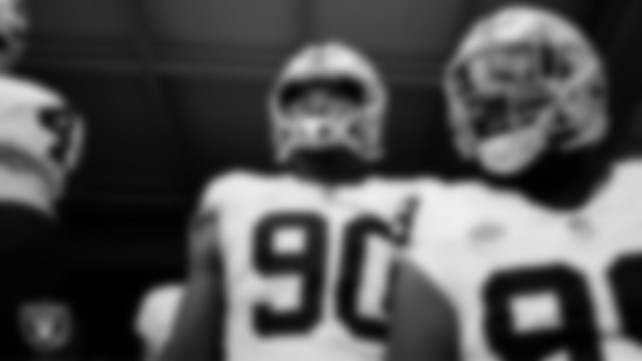 Las Vegas Raiders defensive lineman Jerry Tillery (90) waits for the team to be introduced onto the field before the regular season away game against the Los Angeles Chargers at SoFi Stadium.