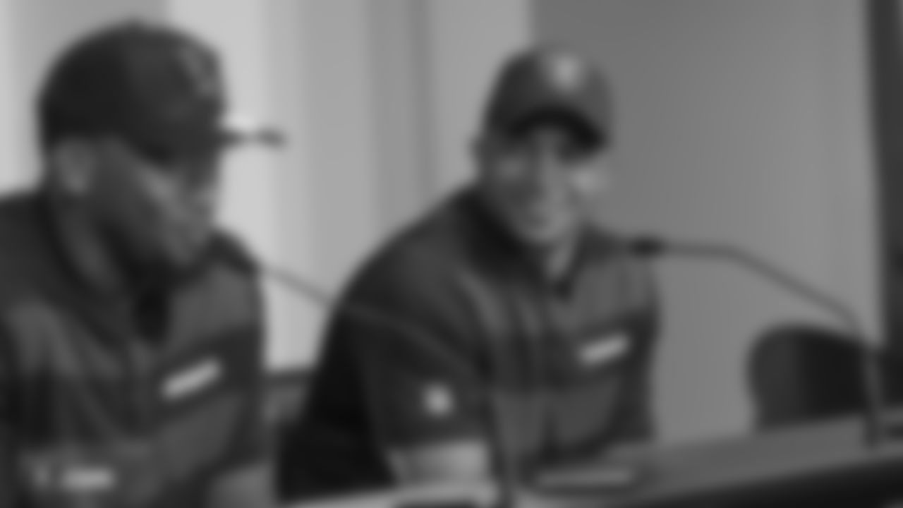 Raiders 1st round draft picks defensive end Clelin Ferrell, running back Josh Jacobs, and safety Johnathan Abram at a press conference following their selection in the 2019 NFL Draft at the Raiders Practice Facility in Alameda, Calif.