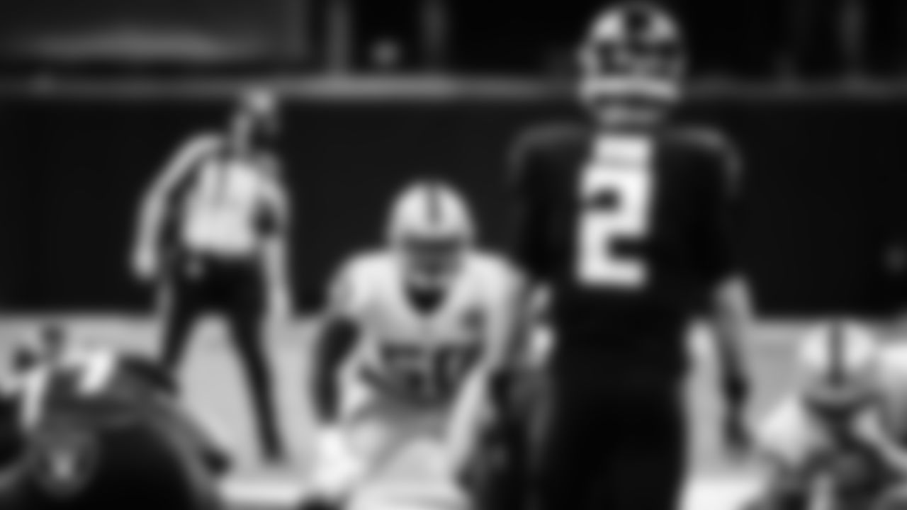 Las Vegas Raiders linebacker Nicholas Morrow (50) eyes the quarterback during the regular season away game against the Atlanta Falcons.