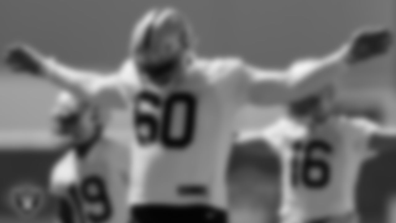Las Vegas Raiders offensive lineman Tyrone Wheatley Jr. (60) at an Organized Team Activity (OTA).