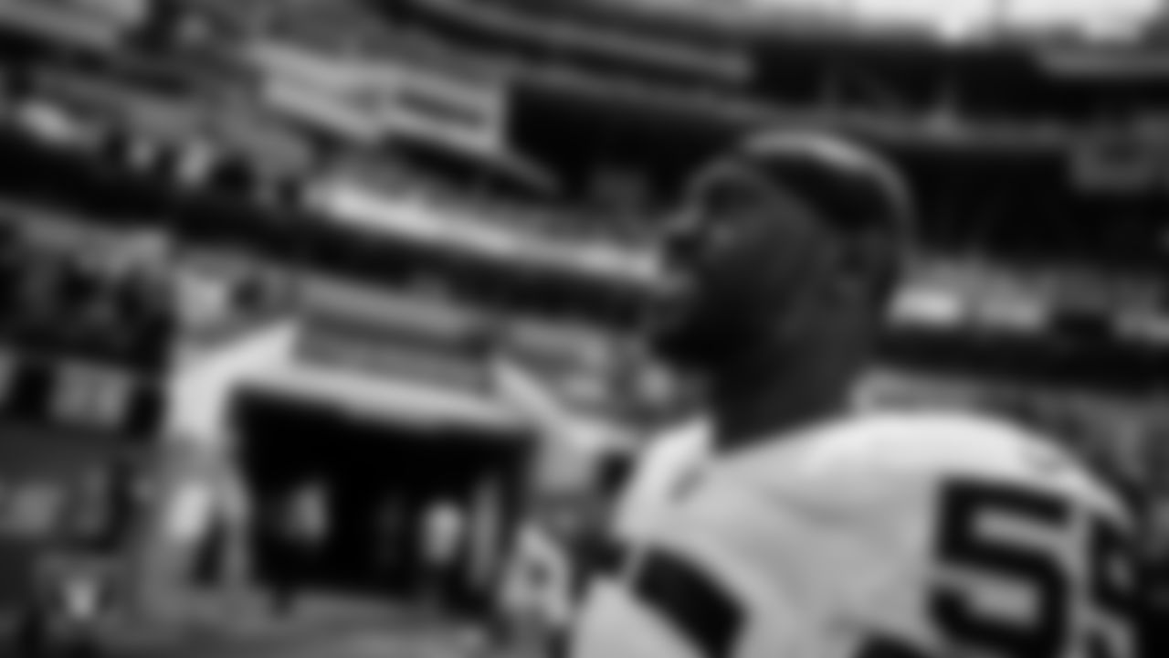 Las Vegas Raiders defensive end Chandler Jones (55) warming up before the regular season away game against the Los Angeles Chargers at SoFi Stadium.