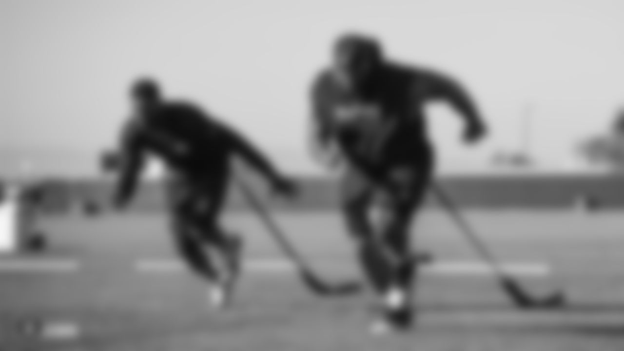 Raiders defensive end Benson Mayowa and defensive tackle Justin Ellis at a workout during phase one of the offseason program at the Raiders Practice Facility in Alameda, Calif.