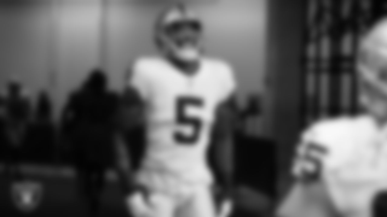 Las Vegas Raiders linebacker Divine Deablo (5) walks down the tunnel before the regular season away game against the Indianapolis Colts.