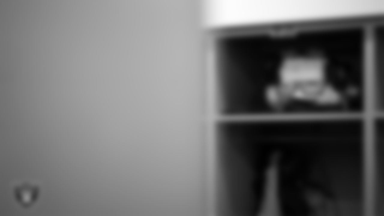 Las Vegas Raiders running back Josh Jacobs' (28) pads in the locker room prior to the Raiders' arrival for their regular season away game against the Los Angeles Rams at SoFi Stadium.