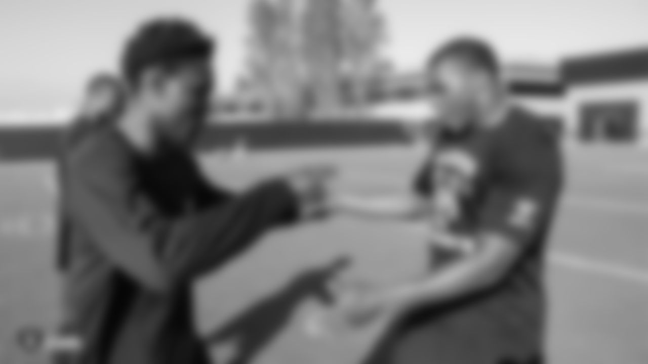 Raiders defensive back Makinton Dorleant and safety Jordan Richards at a workout during phase one of the offseason program at the Raiders Practice Facility in Alameda, Calif.