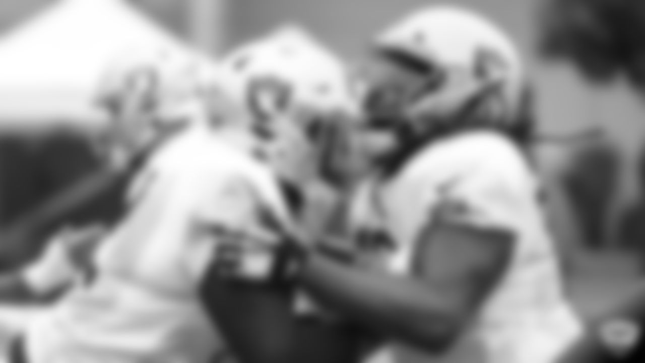 Raiders tackle David Sharpe (72) and guard Lukayus McNeil (62) on the field for practice at 2019 Training Camp.