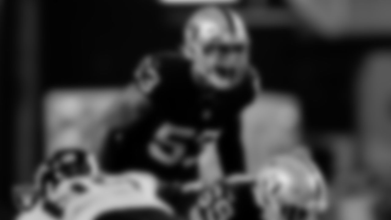 Las Vegas Raiders linebacker Kenny Young (53) during the Hall of Fame Game against the Jacksonville Jaguars at Tom Benson Hall of Fame Stadium.