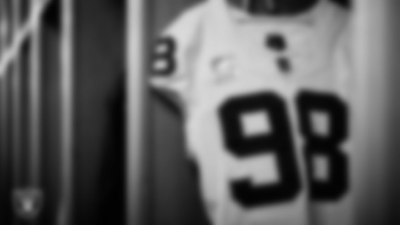 Las Vegas Raiders defensive end Maxx Crosby's (98) jersey in the locker room prior to the Raiders' arrival for their regular season away game against the Detroit Lions at Ford Field.