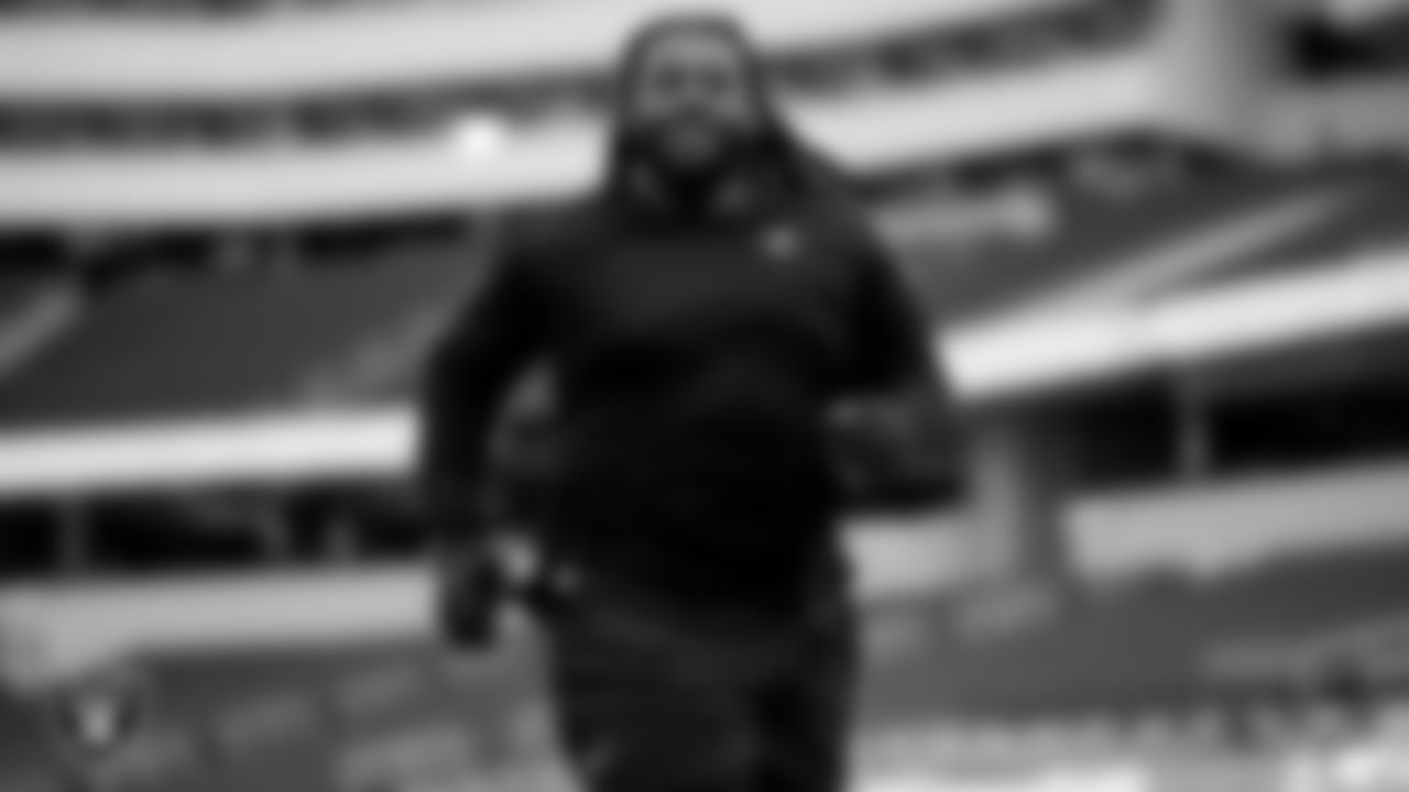 Las Vegas Raiders defensive lineman Adam Butler (69) warming up before the regular season away game against the Los Angeles Chargers at SoFi Stadium.