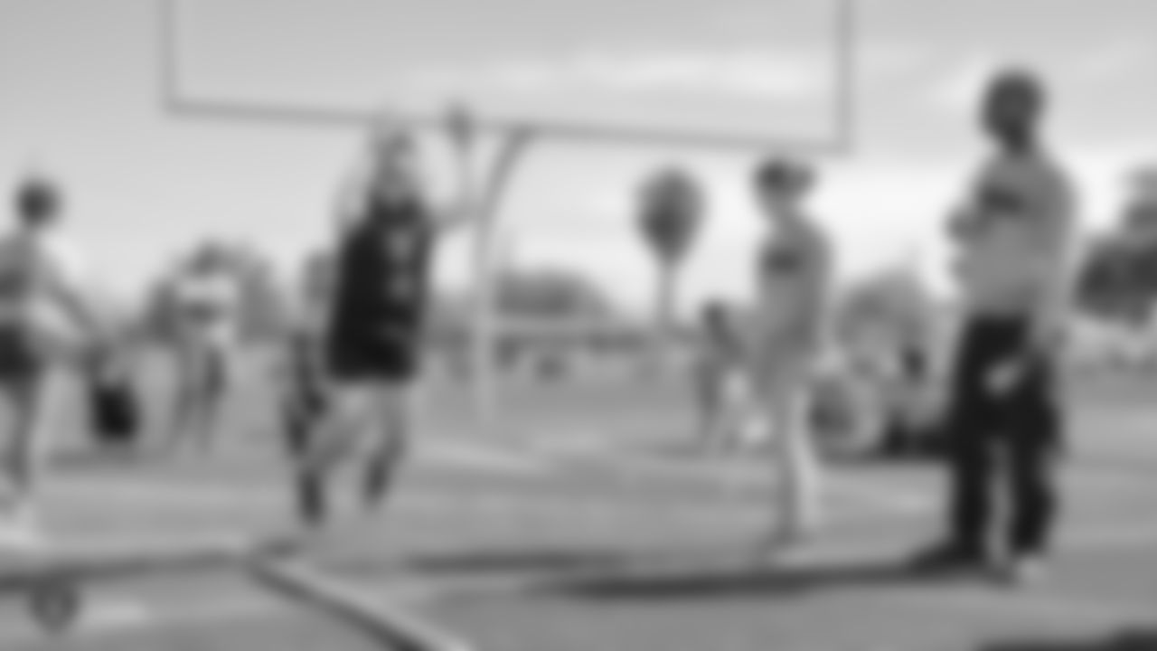 The Raiders, represented by alumnus Leo Gray, collaborate with the Las Vegas Metro Police Activities League to start a 7-on-7 NFL FLAG Passing League for high school junior varsity athletes, Saturday, April 20, 2019, at Rancho High School in Las Vegas, Nev.