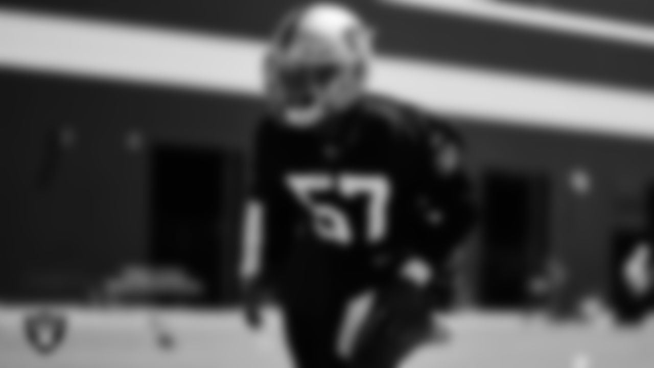 Las Vegas Raiders linebacker Asmar Bilal (57) at an Organized Team Activity (OTA).
