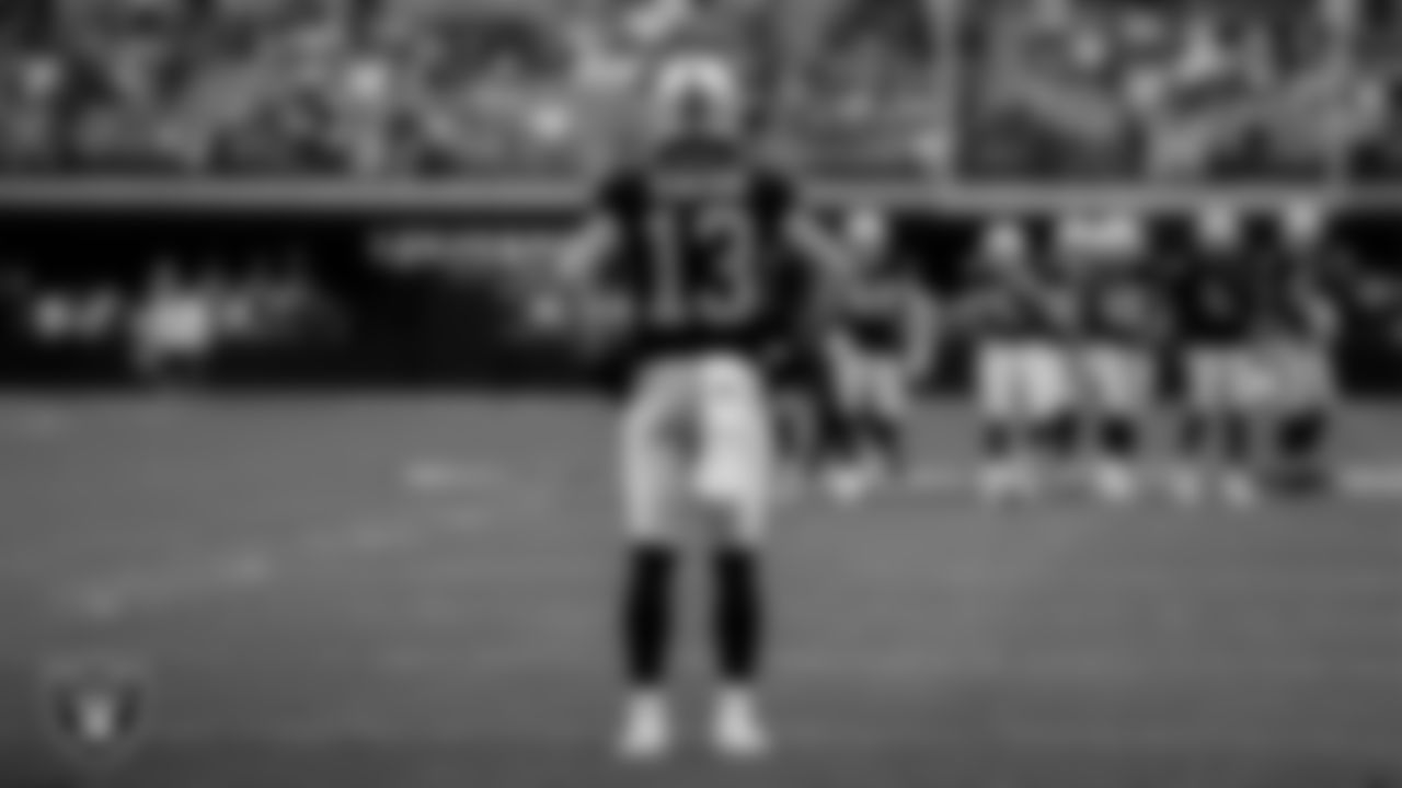 Las Vegas Raiders wide receiver Hunter Renfrow (13) warming up before the regular season home game against the Miami Dolphins.