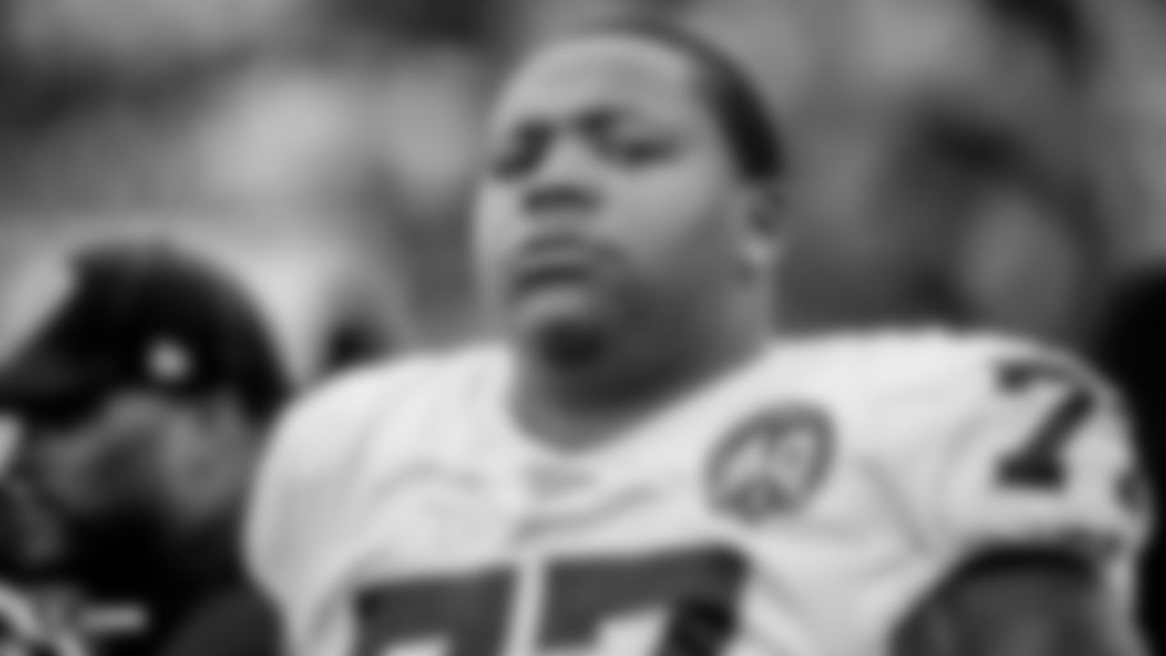 Raiders tackle Trent Brown (77) on the sideline during the regular season game against the New York Jets.