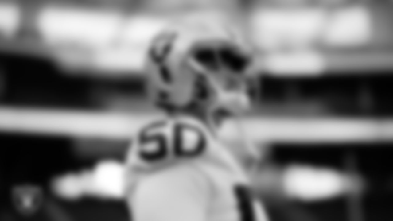 Las Vegas Raiders long snapper Jacob Bobenmoyer (50) warming up before the regular season away game against the Los Angeles Chargers at SoFi Stadium.