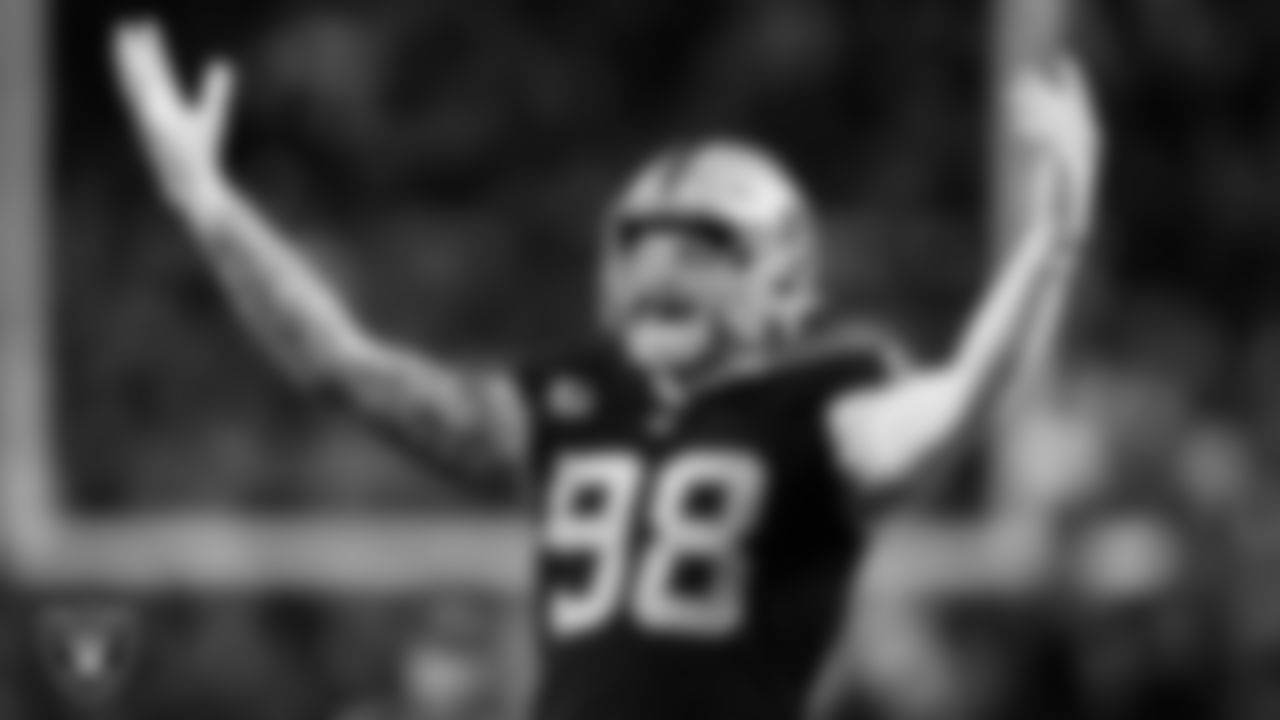 Las Vegas Raiders defensive end Maxx Crosby (98) celebrates during the regular season home game against the Baltimore Ravens.