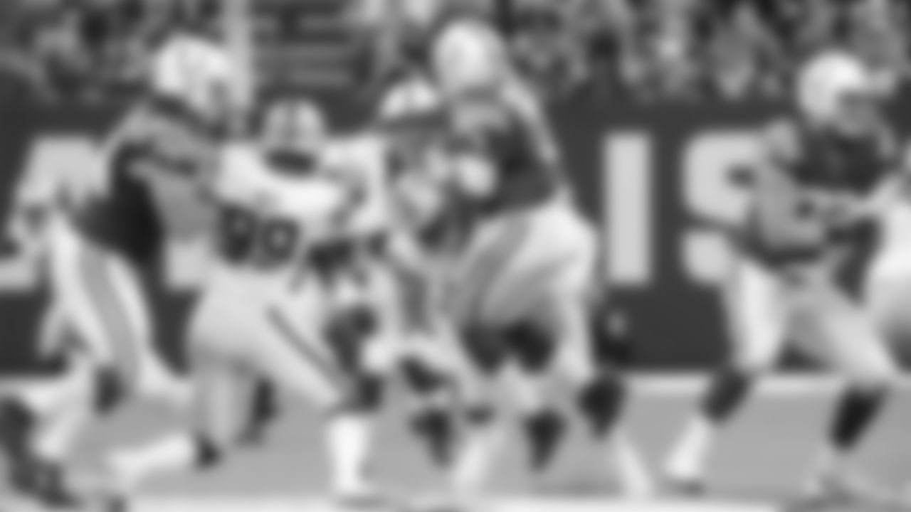Raiders defensive tackle Johnathan Hankins (90) hits the quarterback during the Raiders regular season game against the Indianapolis Colts.