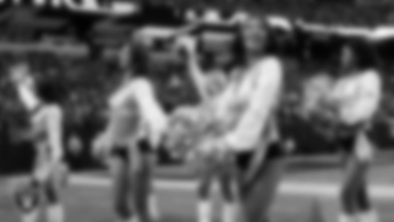 Raiderette Monica D. on the sidelines during the regular season home game against the Los Angeles Chargers at Allegiant Stadium.