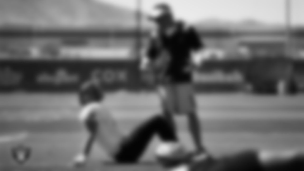 Las Vegas Raiders punter AJ Cole (6) and Head Coach Josh McDaniels at an Organized Team Activity (OTA).