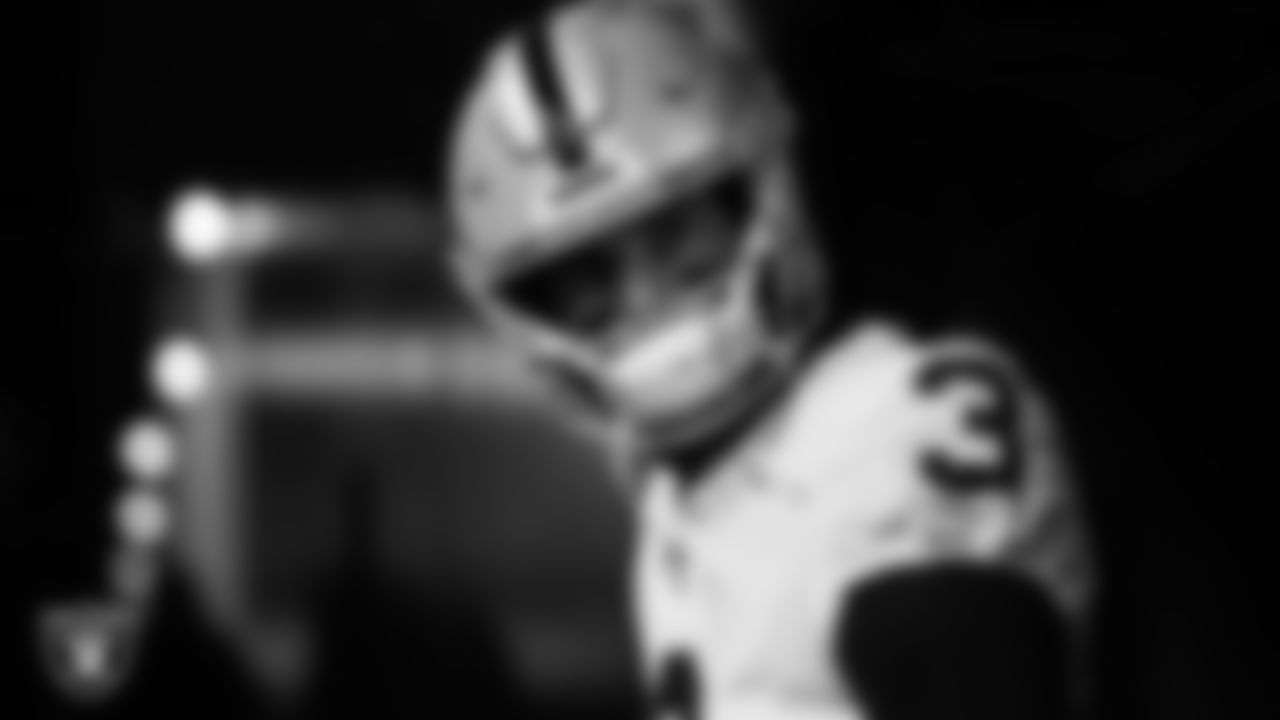 Las Vegas Raiders quarterback Jarrett Stidham (3) waits to take the field before the regular season away game against the Pittsburgh Steelers at Acrisure Stadium.