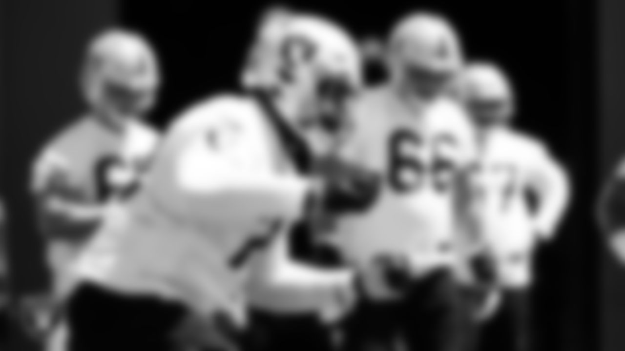 Las Vegas Raiders offensive lineman Alex Leatherwood (70) at an Organized Team Activity (OTA).