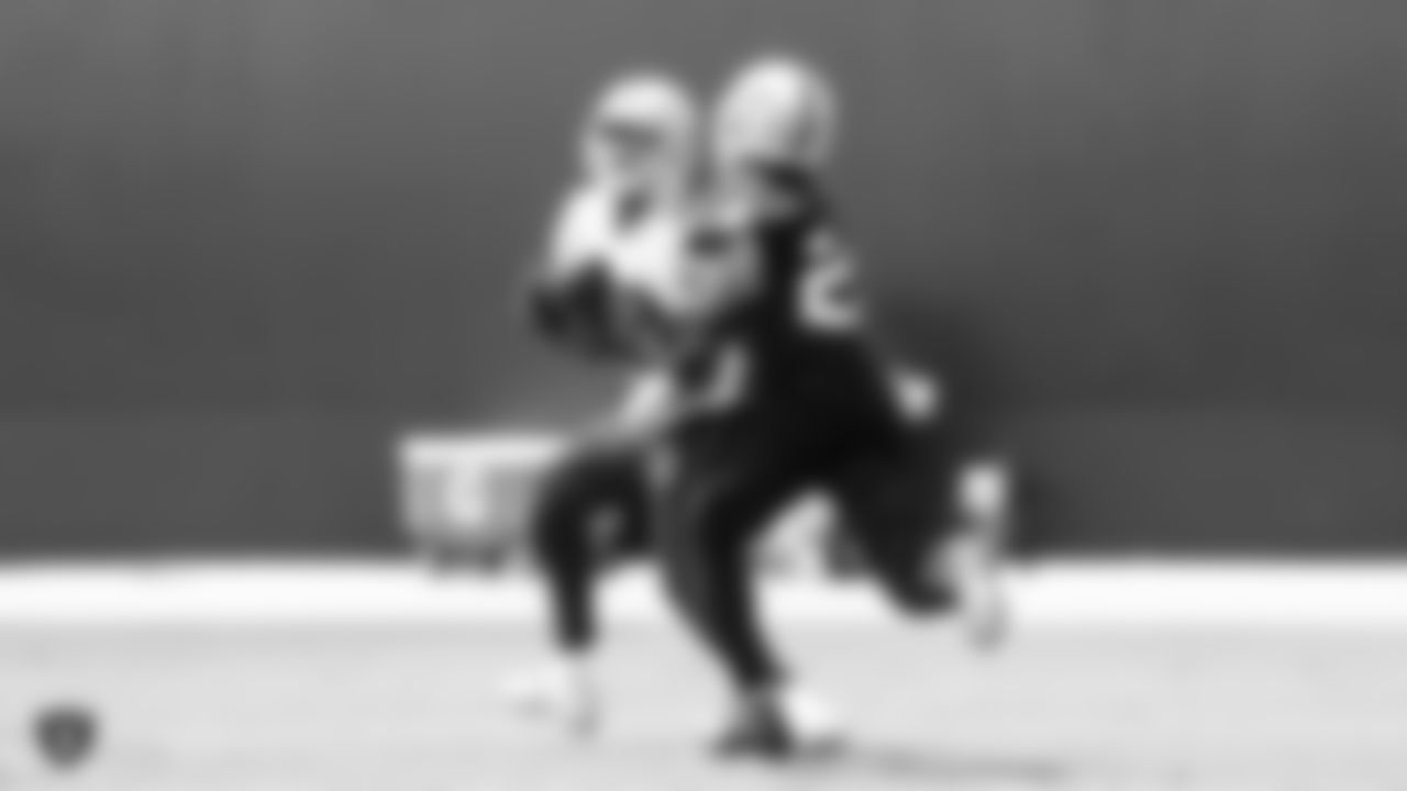 Oakland Raiders wide receiver Amari Cooper (89) and cornerback Dexter McDonald (23) at an Organized Team Activity (OTA) at the Oakland Raiders Practice Facility, Wednesday, June 6, 2018, in Alameda, California.