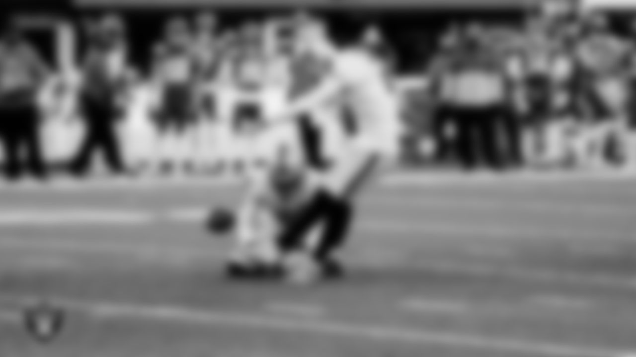 Las Vegas Raiders kicker Daniel Carlson (2) kicks a PAT during the regular season game against the New York Jets at MetLife Stadium.