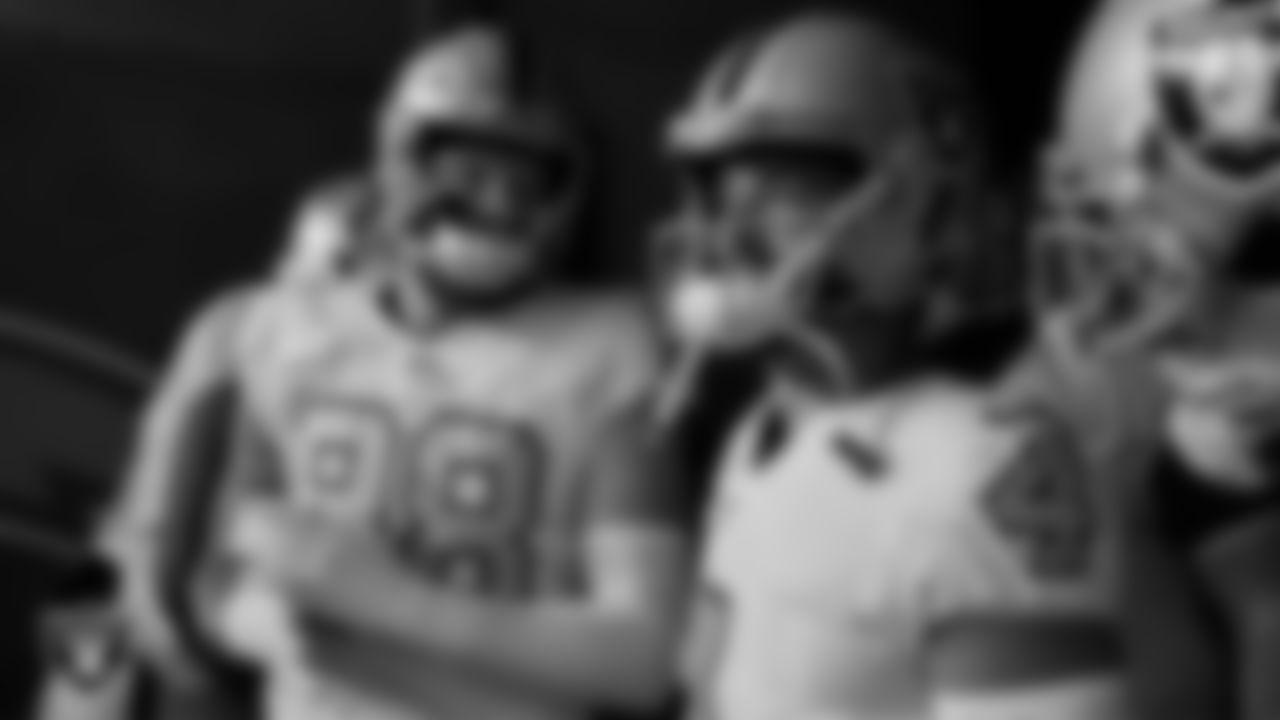 Las Vegas Raiders quarterback Derek Carr (4) waits to be introduced onto the field before the regular season away game against the Los Angeles Chargers.